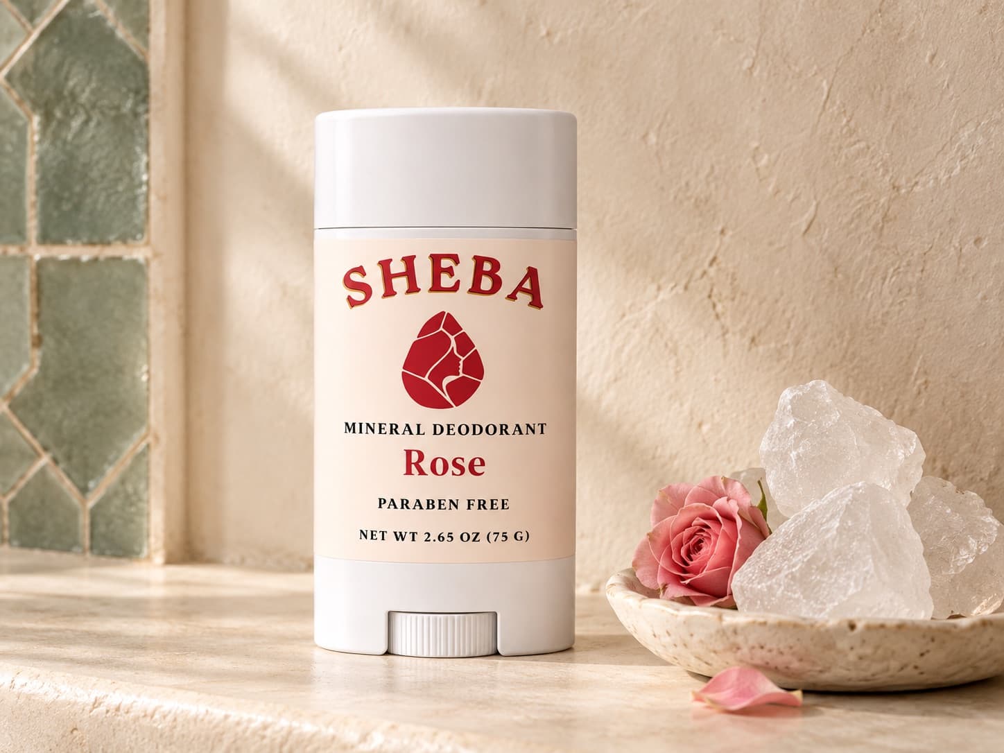 Sheba Rose stick on a bathroom shelf beside alum stones and a rose